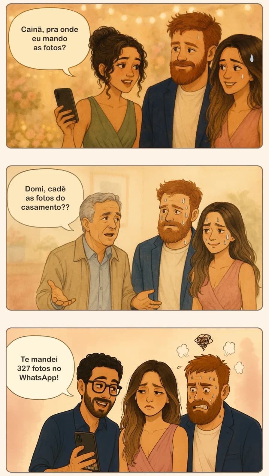 Una striscia di tre vignette di invitati che chiedono a Cainã e Domi dove mandare le foto della festa, dove sono le foto del matrimonio, e uno che annuncia di aver mandato 327 foto su WhatsApp.