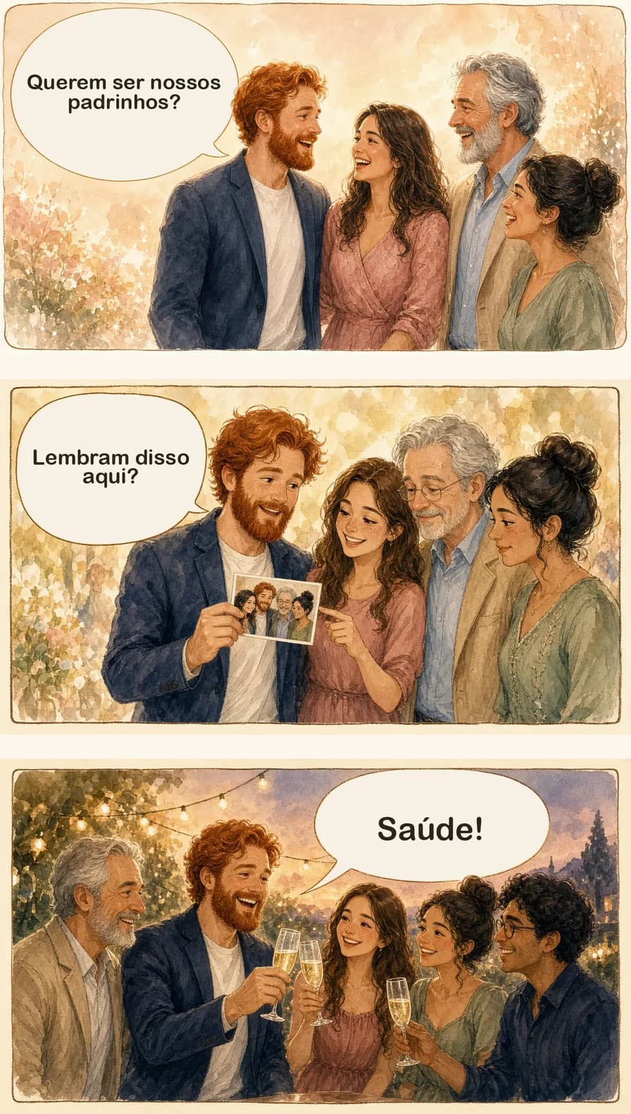 Una striscia di tre vignette con Cainã e Domi che chiedono agli amici di essere testimoni, ricordano una foto insieme e brindano Saúde.