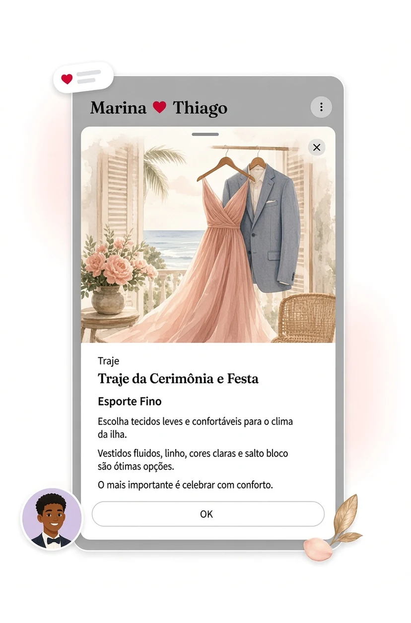 Traje sheet with dress-code copy for the ceremony and party, and an OK button