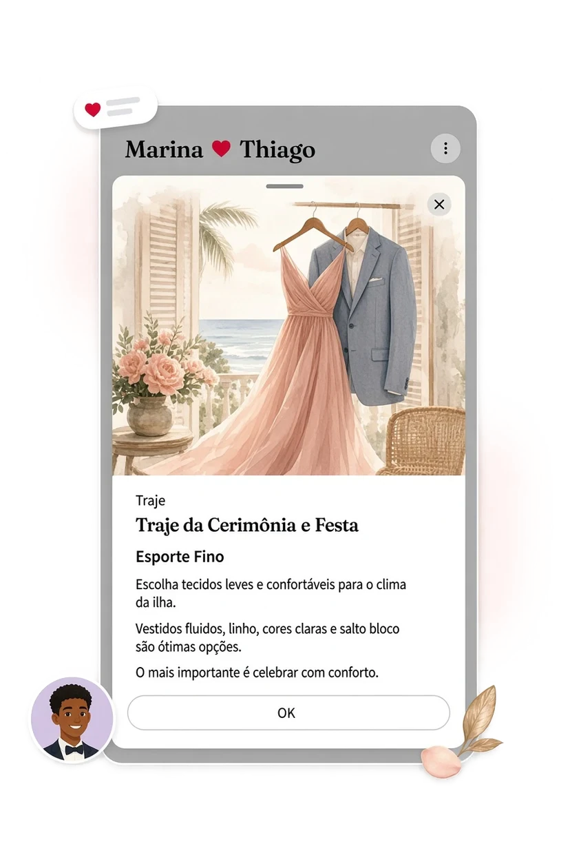 Traje sheet with dress-code copy for the ceremony and party, and an OK button