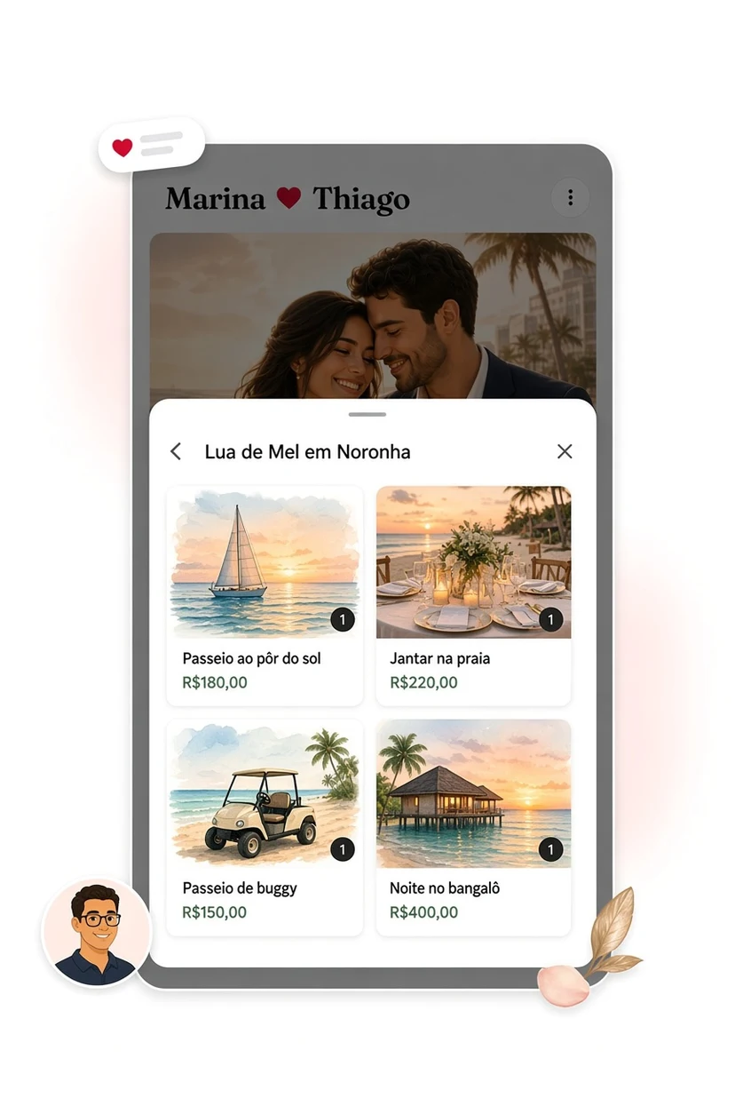 Lua de Mel em Noronha gift grid with four watercolor gifts and BRL prices