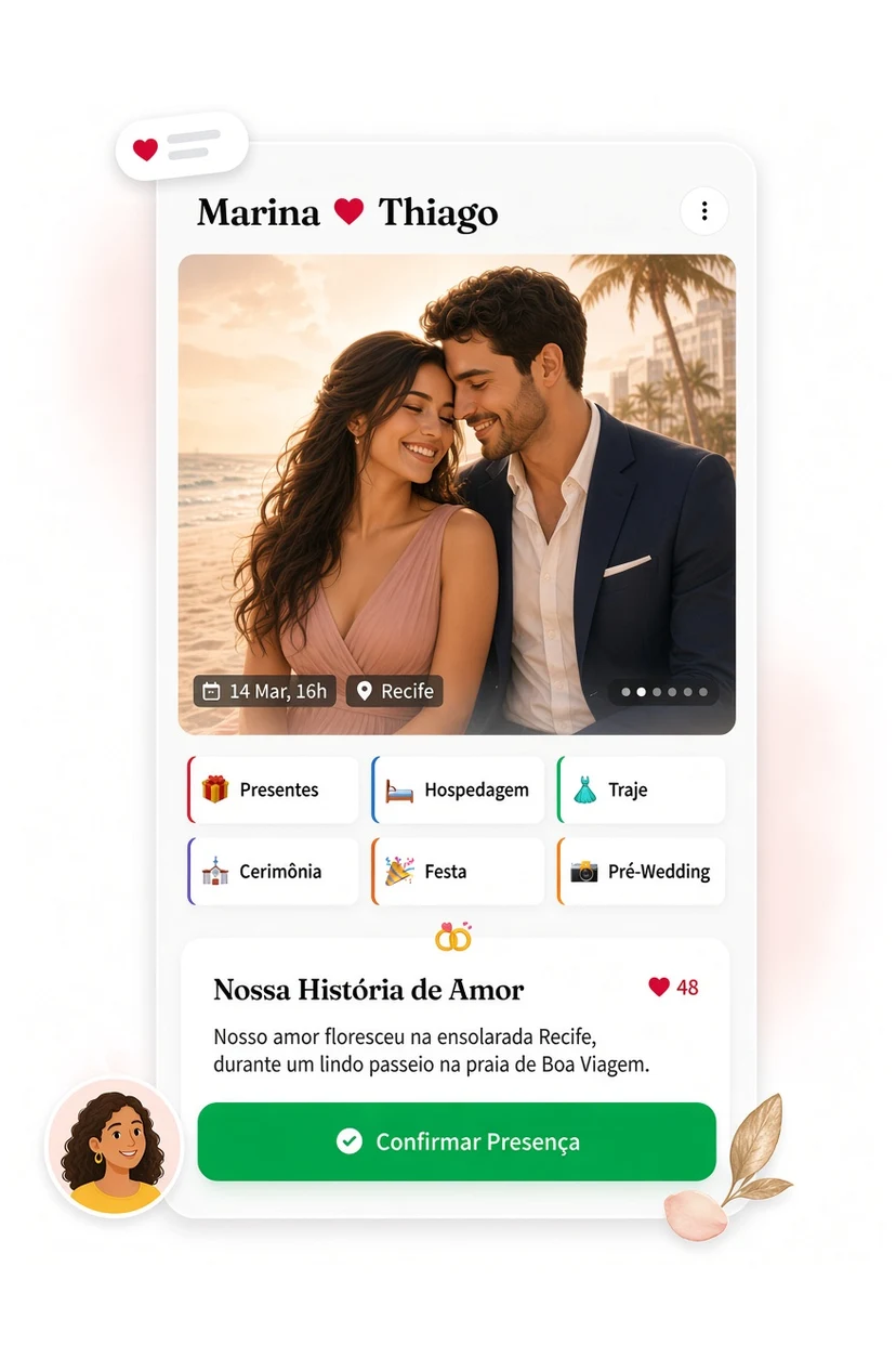 Illustrated visitor home for Marina and Thiago in Recife, with six compact cards and a sticky Confirmar Presença bar