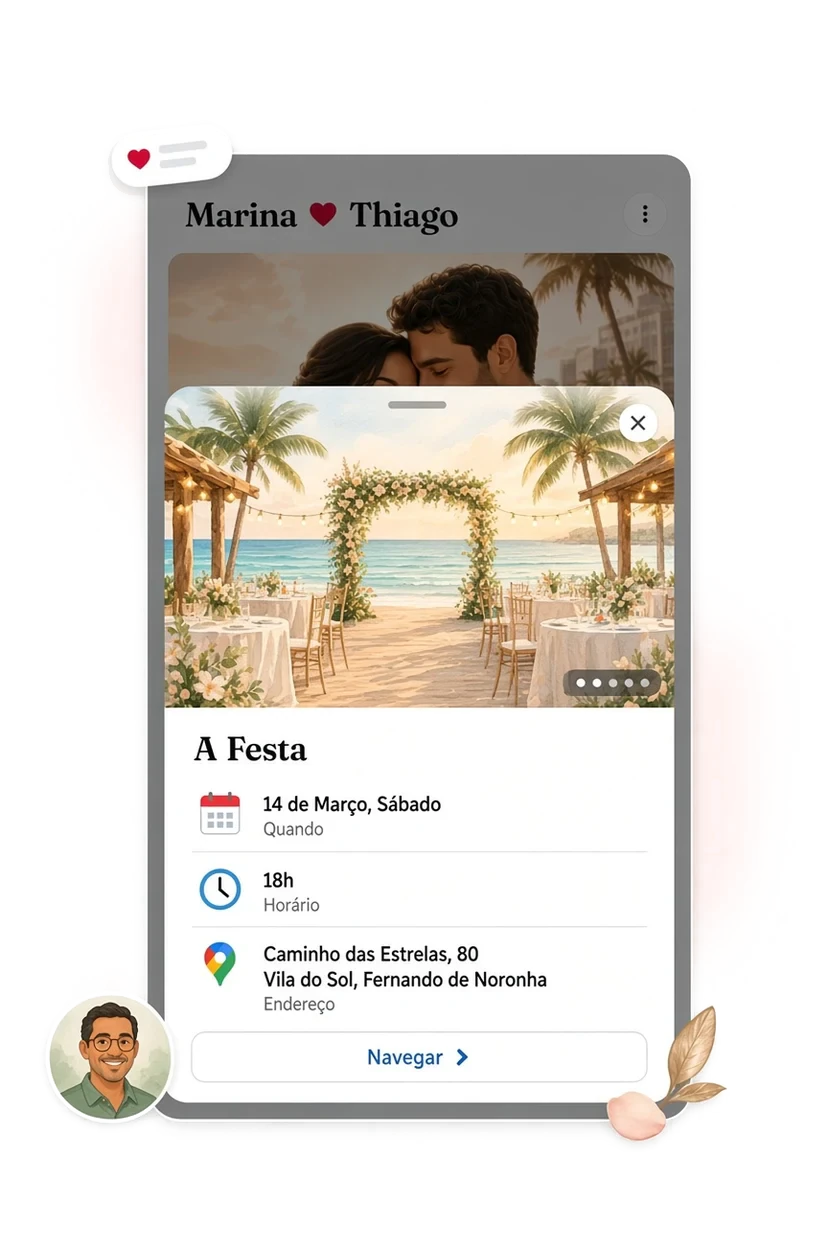 Festa sheet with Quando, Horário, Endereço, and Navegar