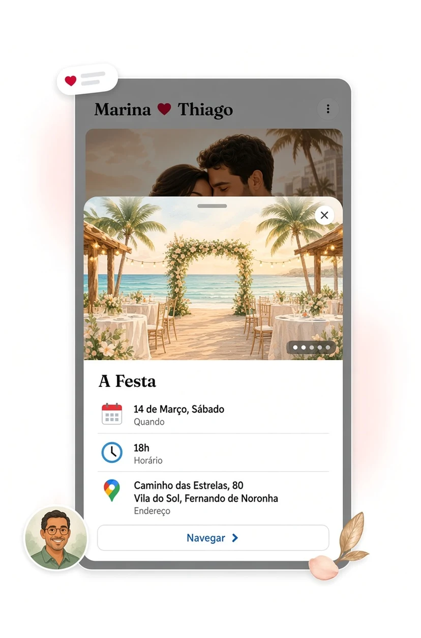 Festa sheet with Quando, Horário, Endereço, and Navegar