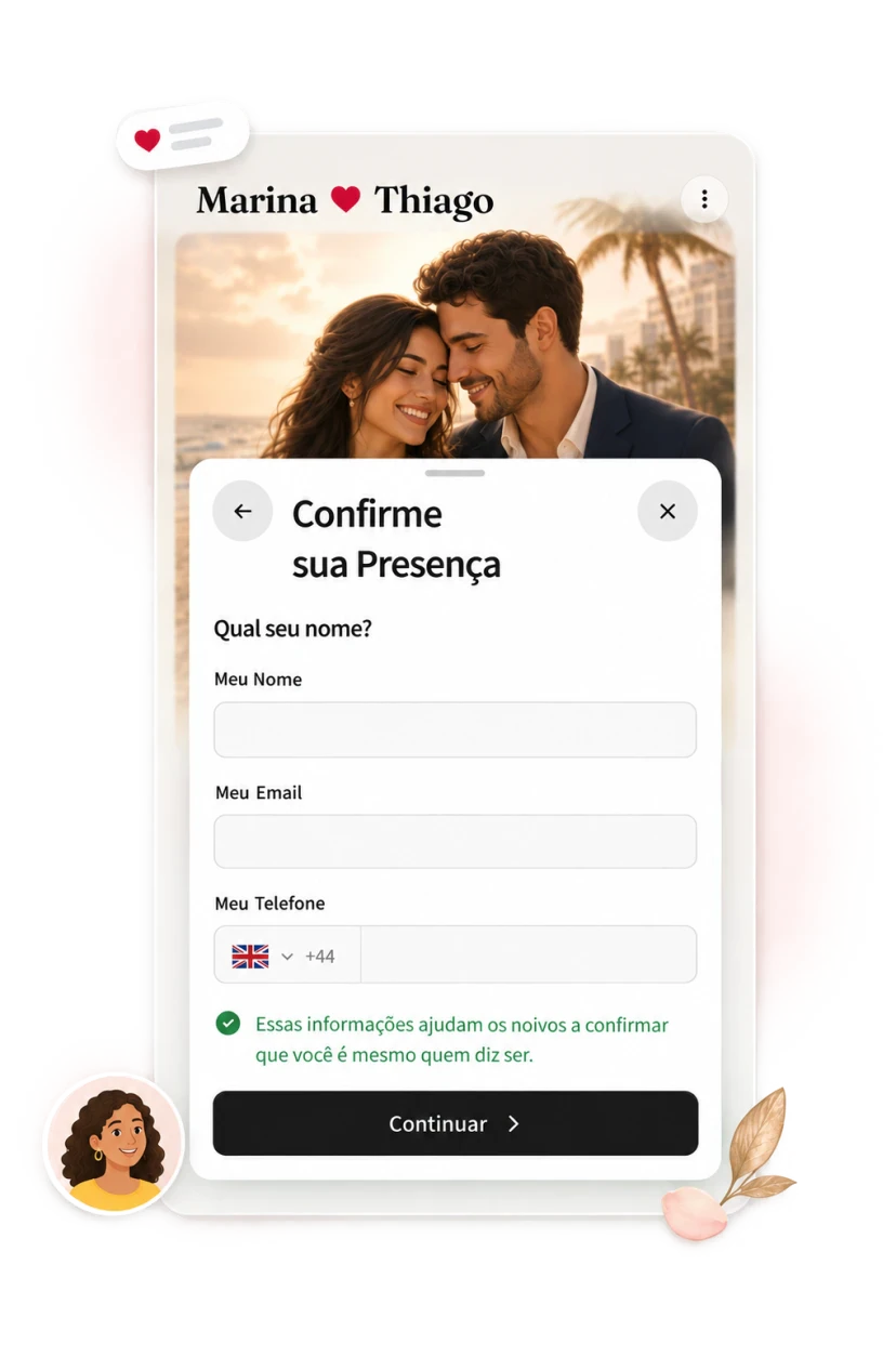 Confirme sua Presença sheet asking Ainda é Sofia Alves? with masked contact and Continuar