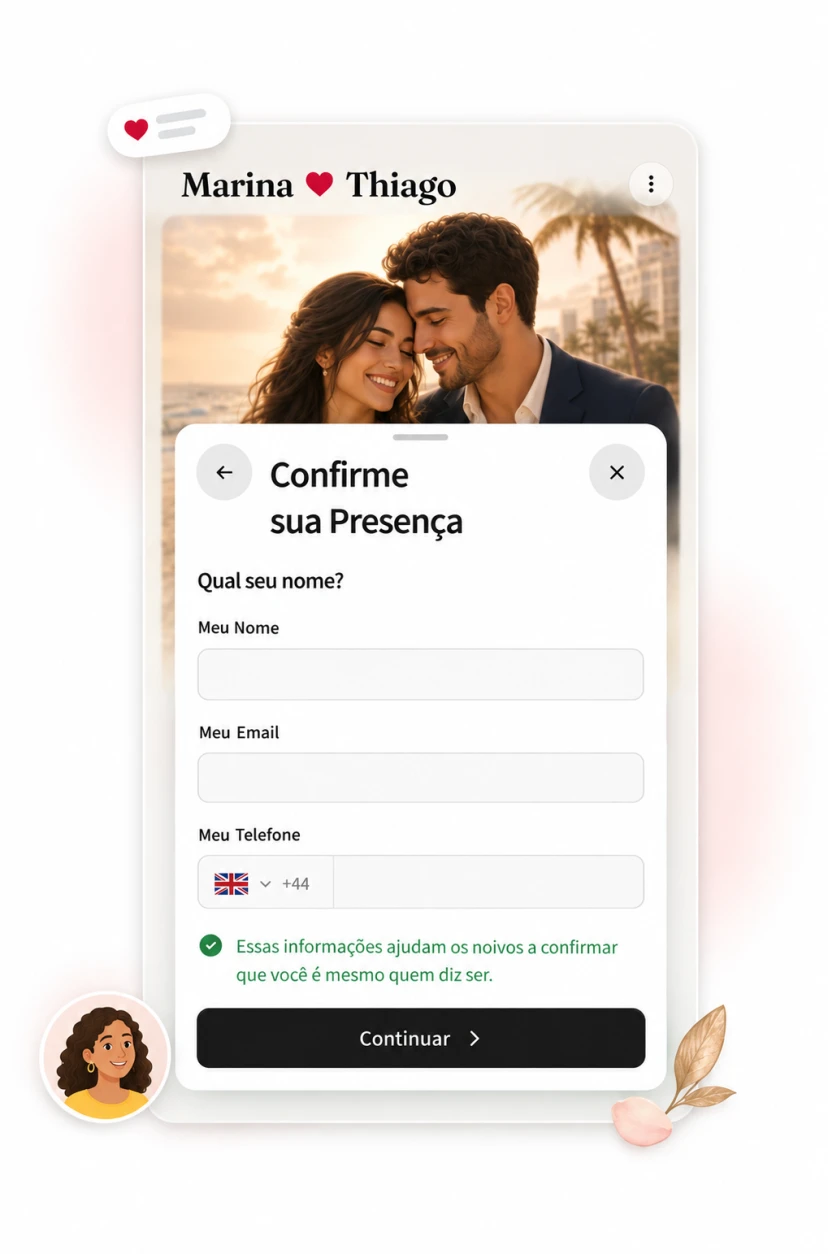 Confirme sua Presença sheet asking Ainda é Sofia Alves? with masked contact and Continuar