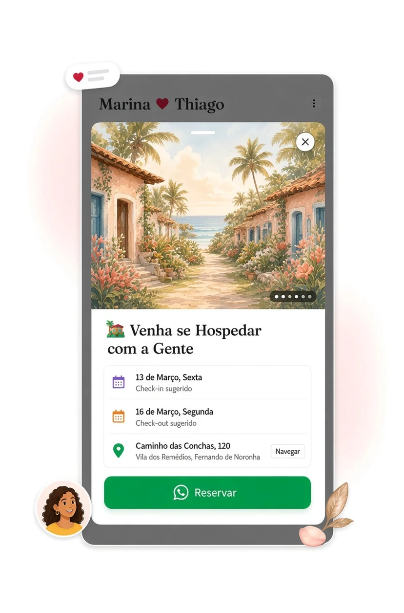 Hospedagem sheet with Fernando de Noronha check-in dates, a fictional Vila dos Remédios address, Navegar, and Reservar