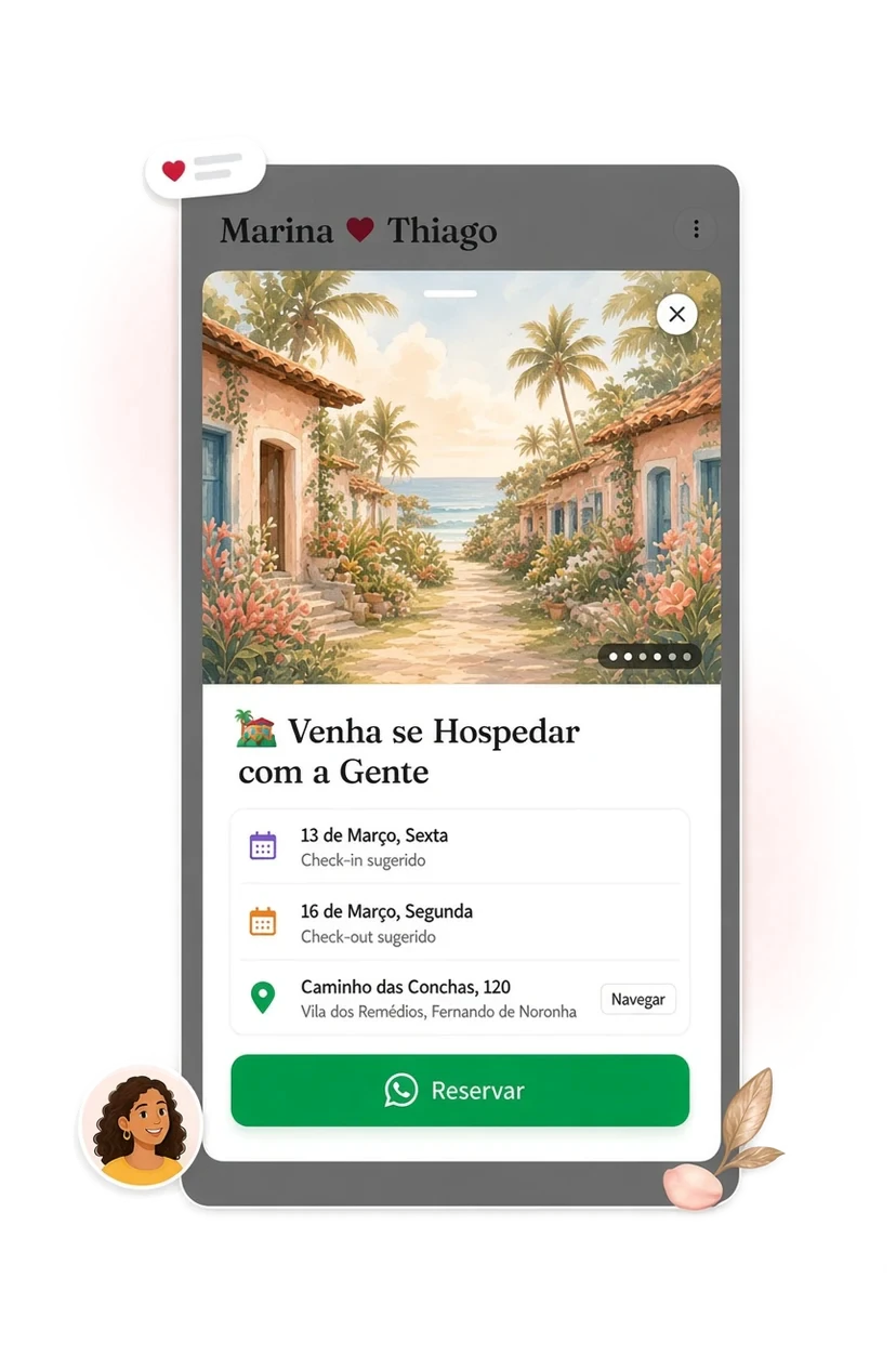 Hospedagem sheet with Fernando de Noronha check-in dates, a fictional Vila dos Remédios address, Navegar, and Reservar